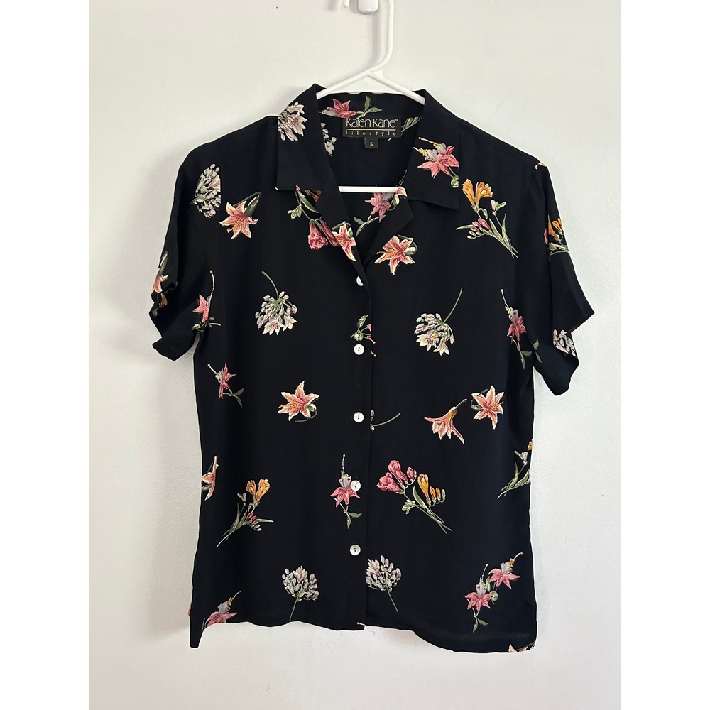 Vintage Karen Kane Womens Blouse Black Small Floral Rayon Button Up Vtg